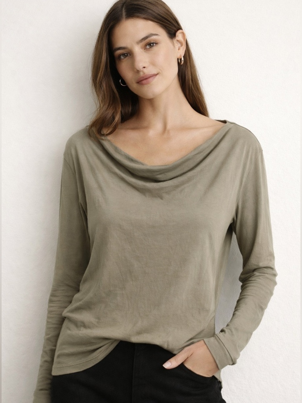 James Perse Light Gray Taupe Cowl Neck Cove Tee Long Sleeve Top NWT Size 3 L